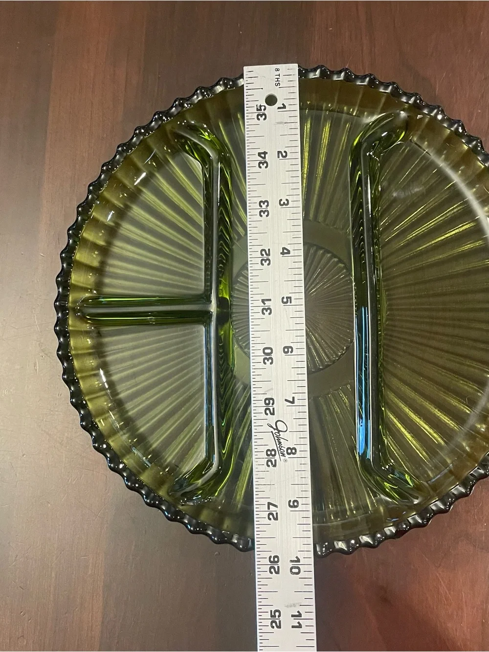 Vintage Indiana Glass Green Round 4 Section Divided Relish Dish Platter 10”